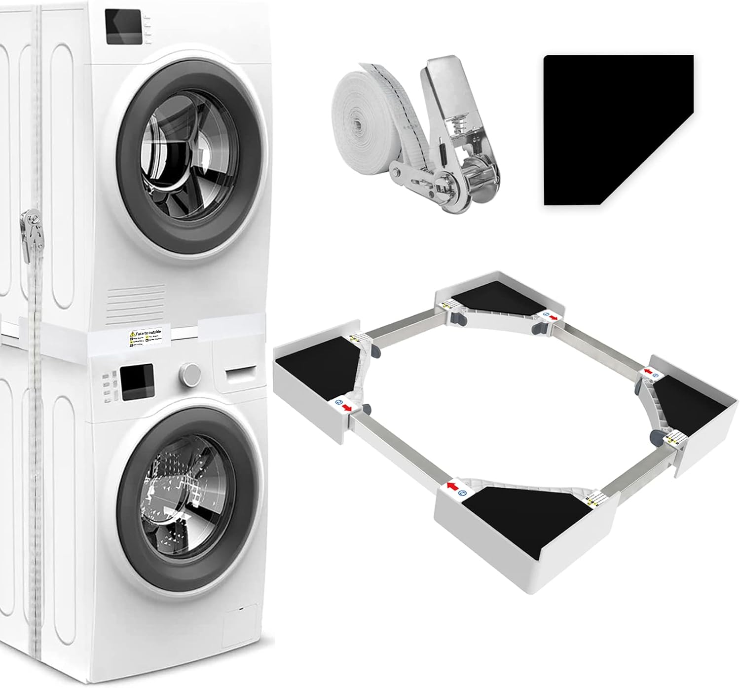 NIUXX Universal Stacking Kit for Washer and Dryer, Adjustable Stacking Frame Kit Fit for 46-66 cm Washing Machine and Tumble Dryers, Stacking Shelf with Ratchet Ropes and Anti Vibration Feet