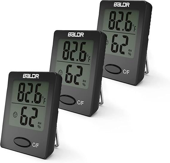 BALDR Portable Mini Digital Versatile Thermometer Hygrometer - Monitor Temperature Gauge & Humidity with Wall Hanging, Standing & Magnet Options for Home, Office, Greenhouse and More (Black, 3 Pack)