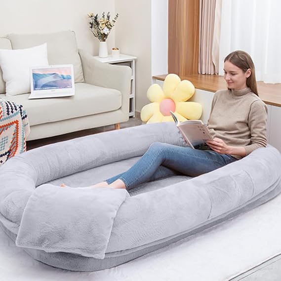 Ultra-Soft Human Size Dog Bed for People and Pets; 77x51x11 Extra Large Dog Bed with Raised Cushioned Rim, Removable Cover, Waterproof Lining and Bonus Blanket (77"x51"x11", Grey)
