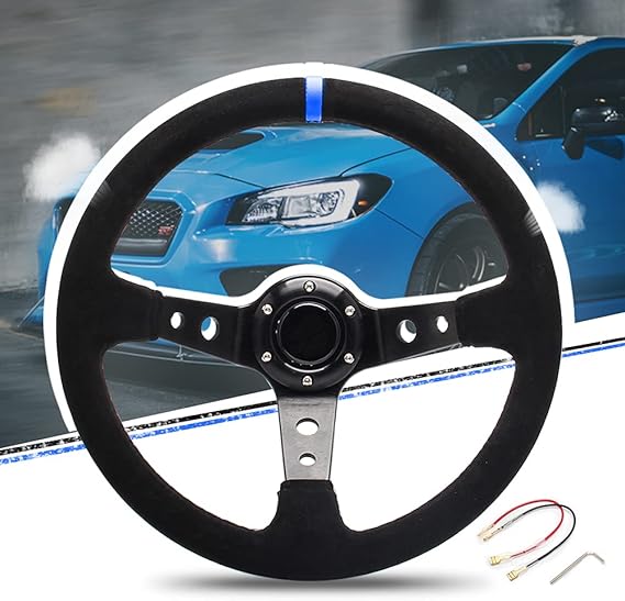 14" 350mm Deep Steering Wheel,Dish 6 Bolt with for Sport Racing Steering Suede Wheel Suede Horn Button US Included, Cable, Wrench Napped Leather Blue?