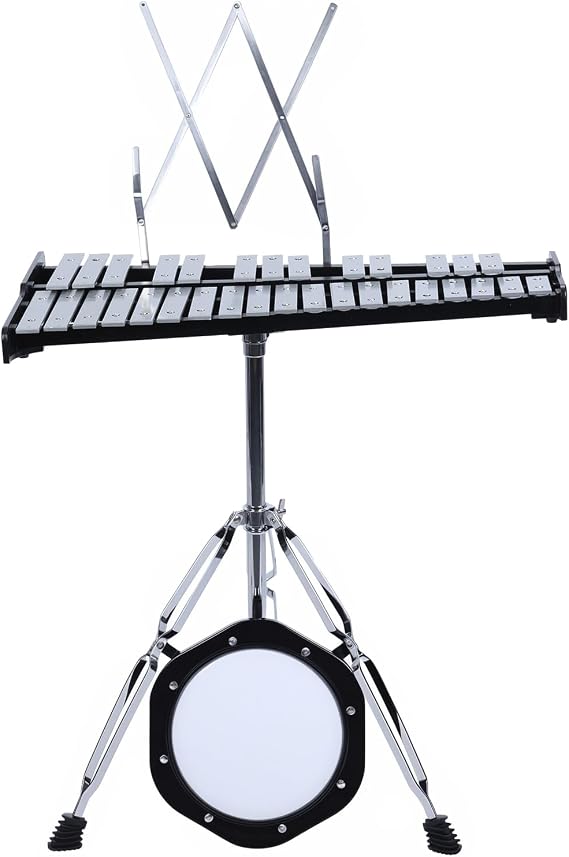 32 Notes Glockenspiel Kit, Aluminum Plate Xylophone Bell Percussion Instruments with Adjustable Height Stand,Practice Pad Mallets & Wooden Drumsticks,Portable Carrying Bag 1 Set
