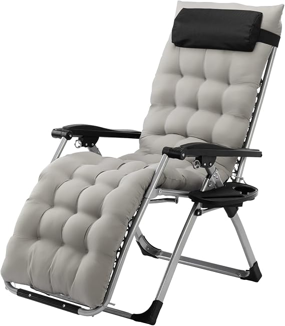 VINGLI Comfortable Zero Gravity Chair, Outdoor Lounge Chair with Removable Cushion & Tray Patio Recliner Folding Reclining Chair