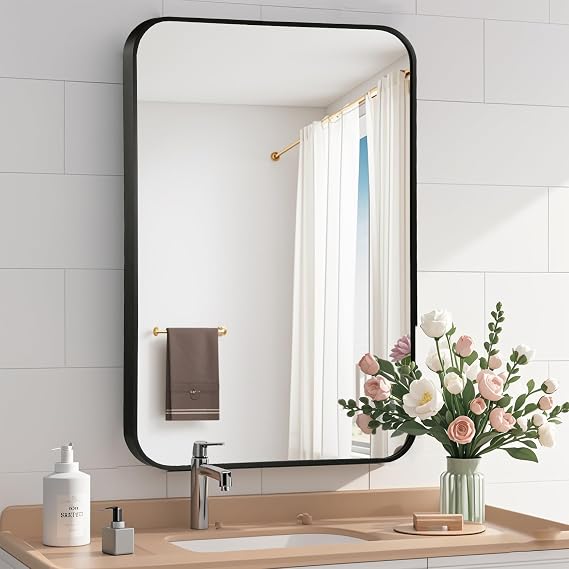 Black Bathroom Mirror, 22x30 Inch Matte Black Mirror, Aluminum Alloy Framed Vanity Mirror, Rounded Rectangle Mirror for Over Sink, Anti-Rust Wall Mirror (Horizontally or Vertically)