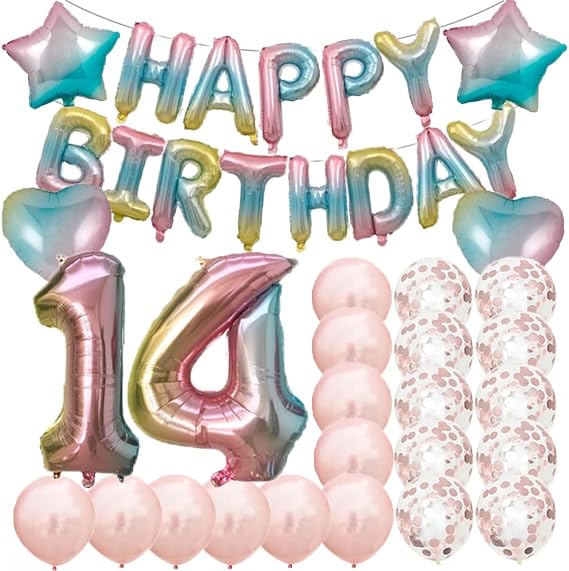 Sweet 14th Birthday Decorations Party Supplies,Rainbow Number 14 Balloons,14th Foil Mylar Balloons Rose Gold Latex Balloon Decoration,Great 14th Birthday for Girls,Women,Men,Photo Props