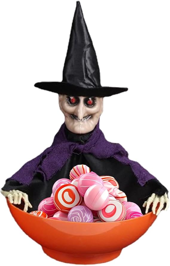 Halloween Animated Witch Candy Bowl Animated LED Eyes Creepy Sound
