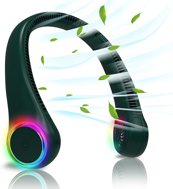 GULAKI Bladeless Portable Neck Fan - Rechargeable Hands Free USB Personal Fan Battery Operated with LED lights for Home Office Travel Indoor Outdoor (Dark Green)