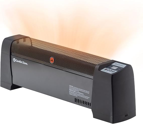 Comfort Zone Baseboard Space Heater with Digital Thermostat, Electric, Dent-Proof End Panels, Overheat Protection, Tip-Over Switch, Stay-Cool Body, Ideal for Home, Bedroom, Office, 1,500W, CZ650B | Digital adjustable thermostat and 2 heat settings give you precise control over your room's temperature and comfort.