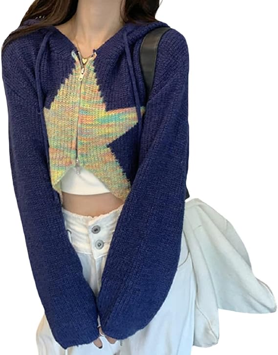 Women Knit Zip Up Cropped Sweater Cardigan Star Print Aesthetic Long Sleeve Loose Fall Knitted Hoodies Jacket Tops (Dark Blue, L)