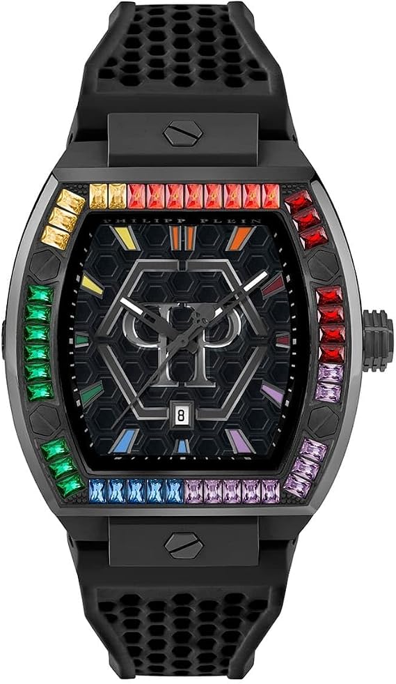 Philipp Plein The Hexagon Phantom Collection Luxury Mens Watch Timepieces with a Black Strap, Case and Dial