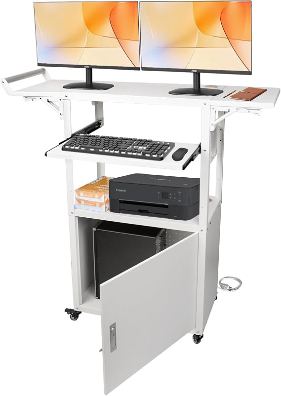 Large Steel AV Cart with Wheels and Drop Leaves, Height Adjustable AV Cart with Locking Cabinet and Power Strips, Rolling Computer Workstation with Pullout Keyboard Tray for Office & Classroom