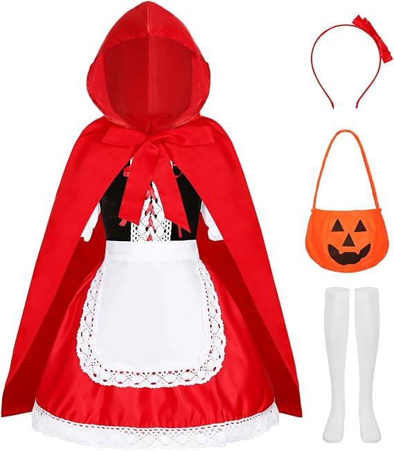 Girls Kids Little Red Riding Hood Costume Dress for Halloween | Soft Breathable Skin-friendly Dress, Cute Accessories Headband Socks Pumpkin Bag, Fairytale Storybook Character Cosplay