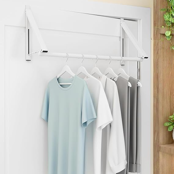 Over The Door Clothes Hanger Rack Foldable Space-Saving Over The Door Hooks for Laundry Drying Bathroom Towels & Home Office(White)