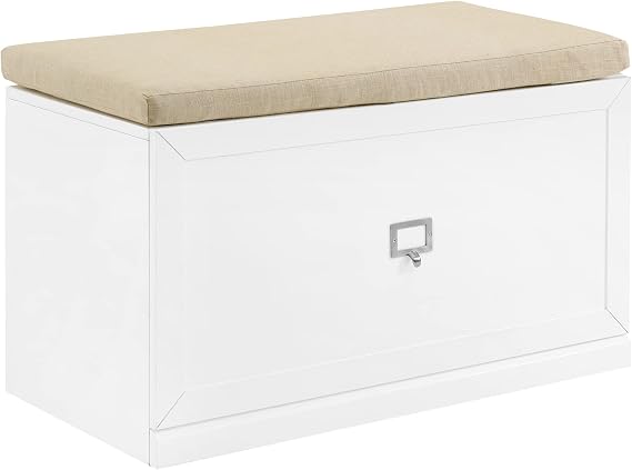 Crosley Furniture Harper Entryway Storage Bench with Shoe Rack Organizer Drawer, White/Tan