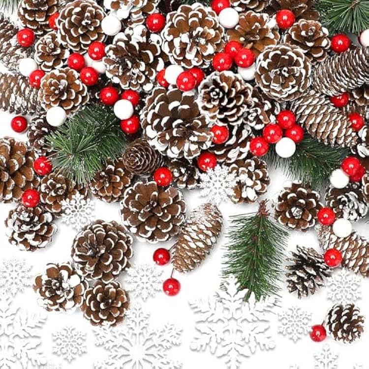 Hatisan 200PCS Christmas Pine Cones Berry Pine Branch Snowflakes Set Christmas Decorations for DIY Crafts Home Table Gift Party Supplies, Assorted Sizes
