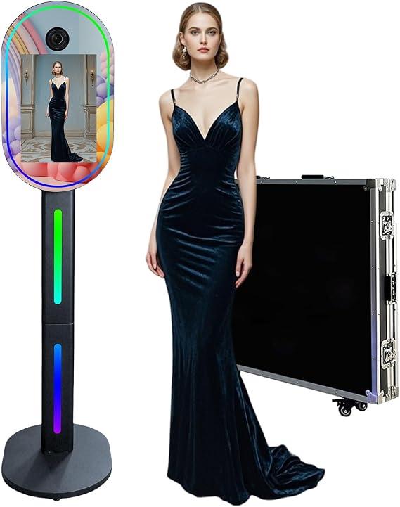 15.6 Inch Portable Mirror Photo Booth with RGB Light,Magic Mirror Shell Stand Selfie Photobooth Machine Touch Screen with Flight Case for Party (Black, Photo Booth)
