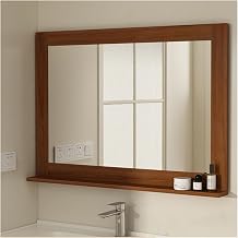 Rectangular Wall Mount Mirror with Shelf, Wooden Vanity Mirror, Bathroom Vanity Mirror Wall Deco Mirror Hanging Mirror for Dressing Room, Toilet, Bathroom, Brown 60x63cm/23.6x24.8inch