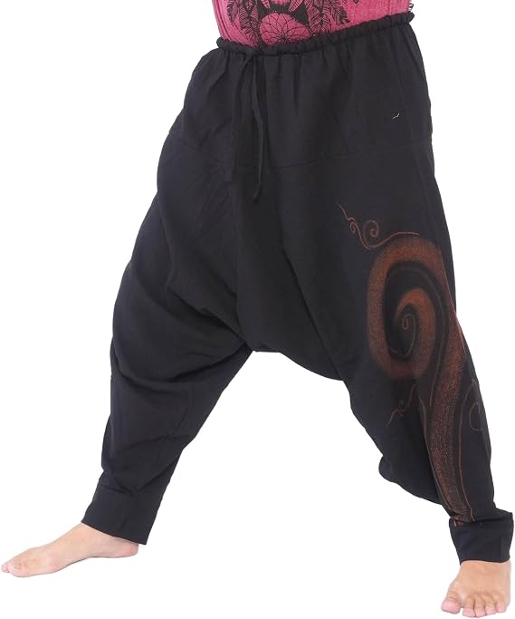 Jing Shop Harem Pants Cotton One Size Unisex Boho Baggy Trousers | 100% Breathable Cotton | Elastic Waist 2644" | Boho Spiral Print for Yoga, Beach, Travel & Festivals