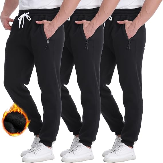 Mens Joggers Sweatpants,3 Pack Fleece Sweat Pants with Pockets/Zipper Pockets Athletic Workout Gym Joggers for Men