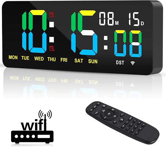 XREXS 12.2 Inch Digital Wall Clock WiFi Sync with Seconds & Remote Control | Large LED Screen with Time and Calendar Display, Count Up & Down Timer, 2 Alarm Clock for Home, Office and Classroom