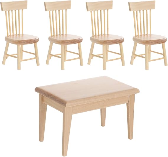 TOYANDONA 5-Piece Dollhouse Furniture Set Made of Oak Wood - 1:12 Miniature Dining Table with 4 Chairs Wooden Mini Furniture Decoration for Dollhouses Fairy Garden Props & DIY Crafts Natural Colour