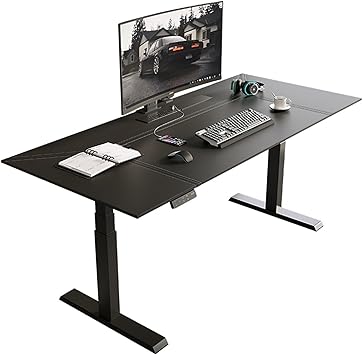 Versatile Electric Standing Desk with Leather Desktop, Adjustable Height Sit Stand Up Desk with 3 Memory Presets, Charging Outlets, Black Easy to Install(XL)