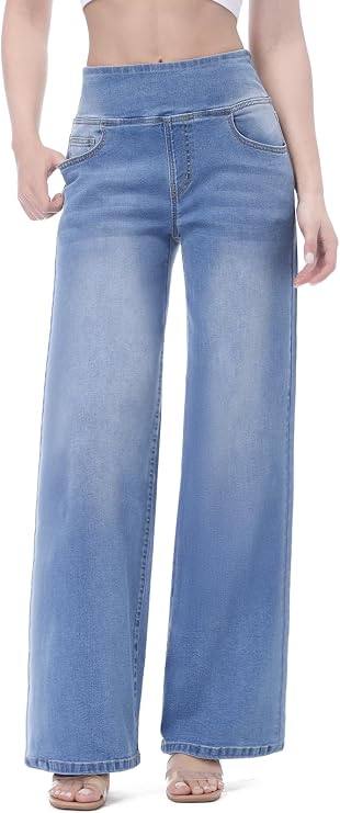 Baggy Jeans Women Pull On Wide Leg Jeans with Elastic Waistband High Waist Stretch Wide Leg Jeans Women with 4 Pockets