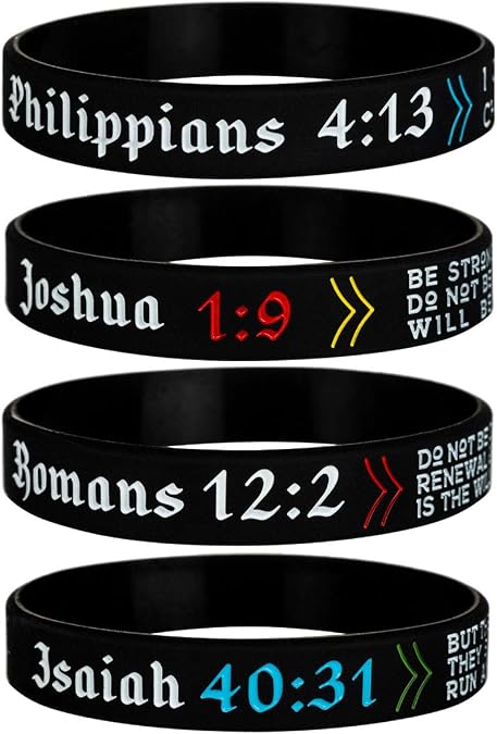 Sainstone 4-Pack Power of Faith Christian Bible Verse Silicone Bracelets - Philippians 4:13, Joshua 1:9, Romans 12:2, Isaiah 40:31 - Religious Scriptures Wristbands Church Gifts, Adult for Men Women