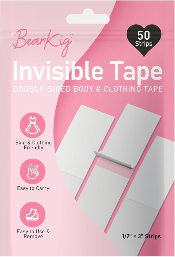 BearKig 50-Strips Double-Sided Tape for Fashion, Invisible Clear Fabric Tape for Clothing & Body with All Day Strength, Hypoallergenic for Sensitive Skin