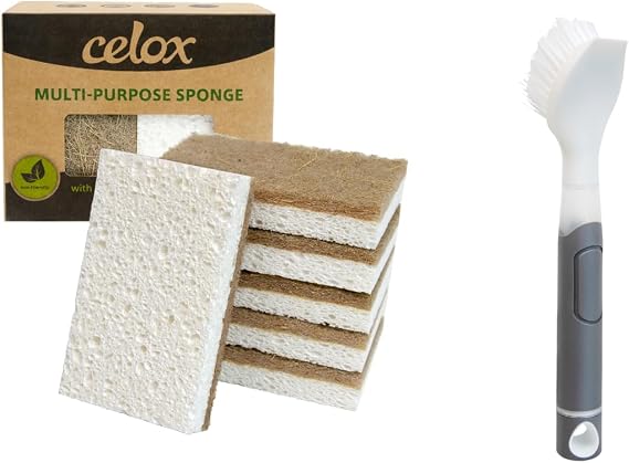 CELOX 6 Pack Coconut Fiber Biodegradable Sponges and Dish Soap Brush with Soap Dispenser for Dishes, Pans, Sink, Pots