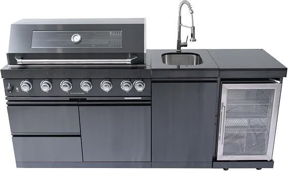 85" Outdoor Kitchen Island with Grill and 6-Burner 85000 BTU, Stainless Steel Backyard Kitchen Island with Sink, Beverage Refrigerator and Granite Countertops