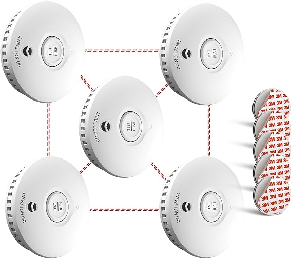 Ruan Wireless Interconnected Smoke Alarm 10 Years Life Photoelectric wireless Smoke Detector Fire Alarm Tested Conforms to EN 14604 Standard 5 Pack