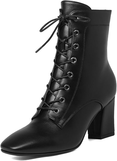 COOLLULU Womens Chunky High Heel Booties Square Toe Ankle Boots Lace Up Side Zipper Vintage Elegant Shoes
