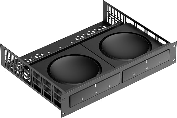 ynVISION.DESIGN 2U Rack Mount Shelf Compatible with Sonos Amp (2 Pack) | 14" Deep | Fits 19" Standard AV, Audio & Server Racks | Holds 2 Amps | Vented with Cable Management & Back Bar