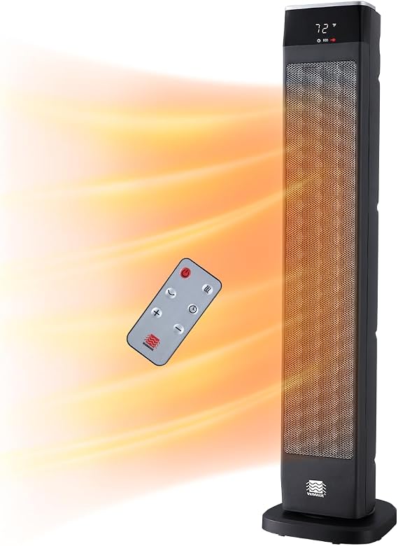WarmWave 72034-WW Deluxe Digital 1,500-Watt 30 in. Portable Ceramic Electric Space Heater with Adjustable Thermostat, Remote Control & Overheat Safety Protection
