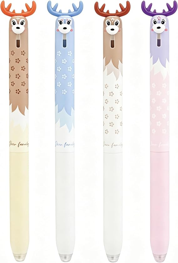 MOZXIRZ 4 Pcs Cute Erasable Retractable Pens Cartoon Deer Erasable Gel Pens 0.5mm Blue Ink Writing Pen Kawaii Pen for Girls Boys Women Men Office School Supplies (4Pcs Deer-Blue Ink)
