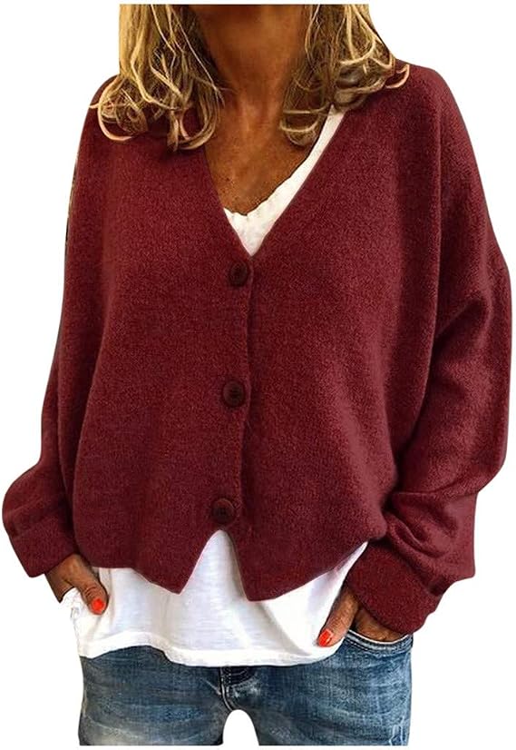 SHAOBGE Womens Cardigan Fashion Women Solid V-Neck Buttons Casual Stretchy Knitted Sweater Cardigan Fall Outfits