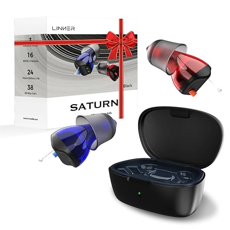 LINNER Saturn New OTC Hearing Aids for Senior & Adult, Rechargeable Amplifiers with Comfort Design, Noise Cancellation for Aid & Assist Hearing, Discreet & Nearly Invisible In-Ear Device(Black)