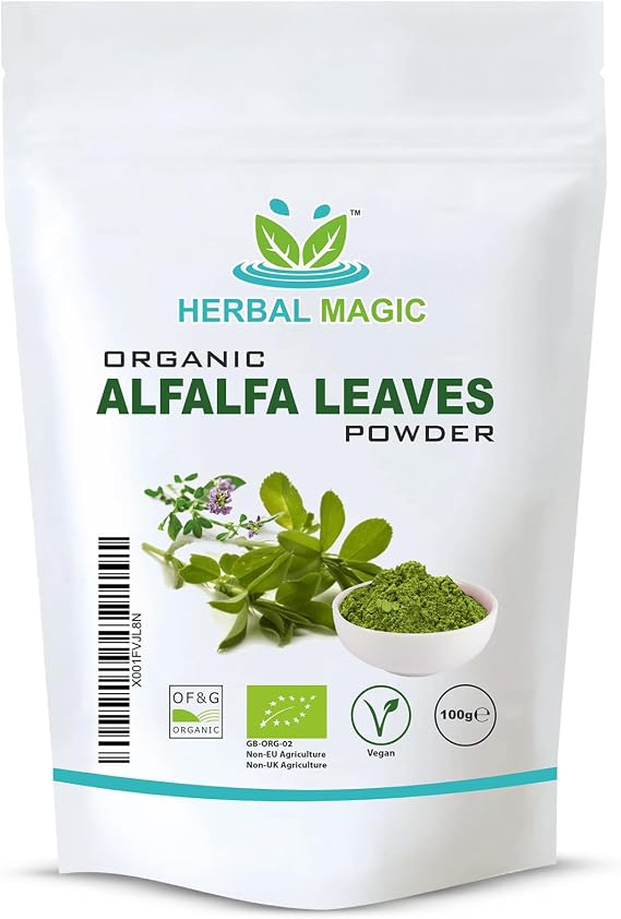 Herbal Magic's Organic Alfalfa Leaf Powder - Green Superfood for Smoothies, Soups, Baking - Free from Fillers & preservatives - 100g - of&G UK Organic Certified