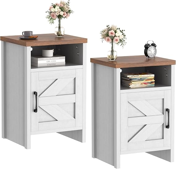 Flamaker Product Image End Table, Nightstand Set of 2, Modern Bedside Table with Barn Door and Open Wood Shelf, Side Table for Small Spaces, Bedroom (White)