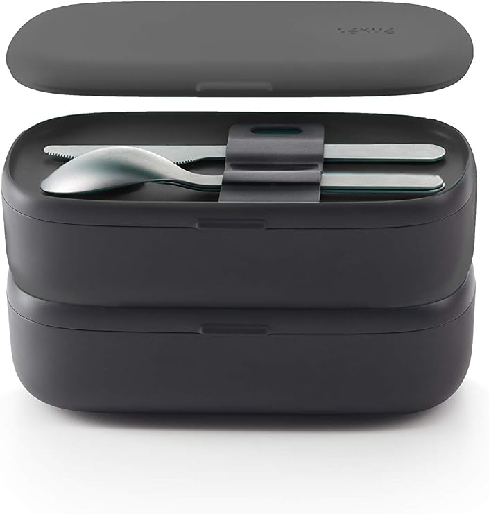 Lekue Lunchbox-To-Go Set with Lunch Container + Cutlery Set | Black | 2 Pc Travel Dining Set | Airtight, Leakproof Meal Holder with 2 Compartments | Microwave Safe | Knife, Fork & Spoon Set Included
