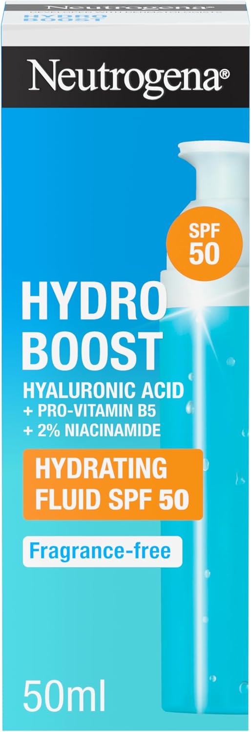 Neutrogena Hydro Boost Hydrating Face Fluid SPF 50, with Hyaluronic Acid, Pro-Vitamin B5 and Niacinamide, Broad Spectrum for Dry Skin, 50ml