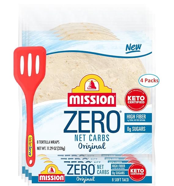 Mission Zero Net Carbs Original Flour Tortillas, 8 Count, 8" Soft Taco - 4 Packs (32 Tortillas) with ValorServeTM Mini Kitchen Utensil - Keto Friendly Low Carb Tortillas