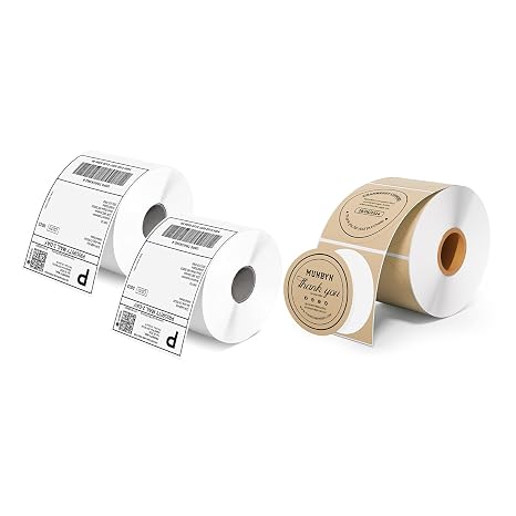 4x6 Inch Direct Thermal Labels, 1000 Sheets/2 Rolls(500 Pcs per Roll)+2 Inch Brown Circle Thermal Sticker