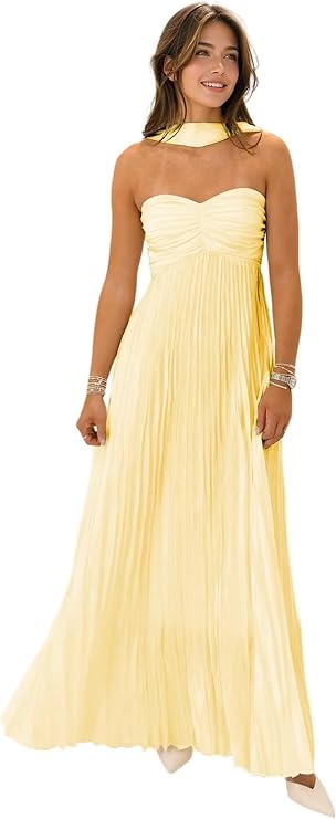 Strapless Bridesmaid Dresses for Womens 2026 Ruffles Pleated Chiffon Maxi Formal Party Dress with Scarf