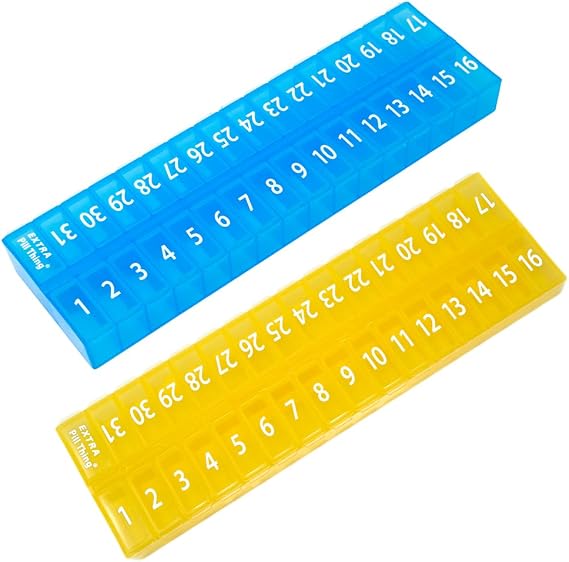 AM PM 31 Day Once-a Day Monthly Pill Planner Organizers - Large Compartment Pill Boxes Store Medications for Entire Month Plus Compartment for Extra Pills (AM/PM Yellow & Blue) BPA Free