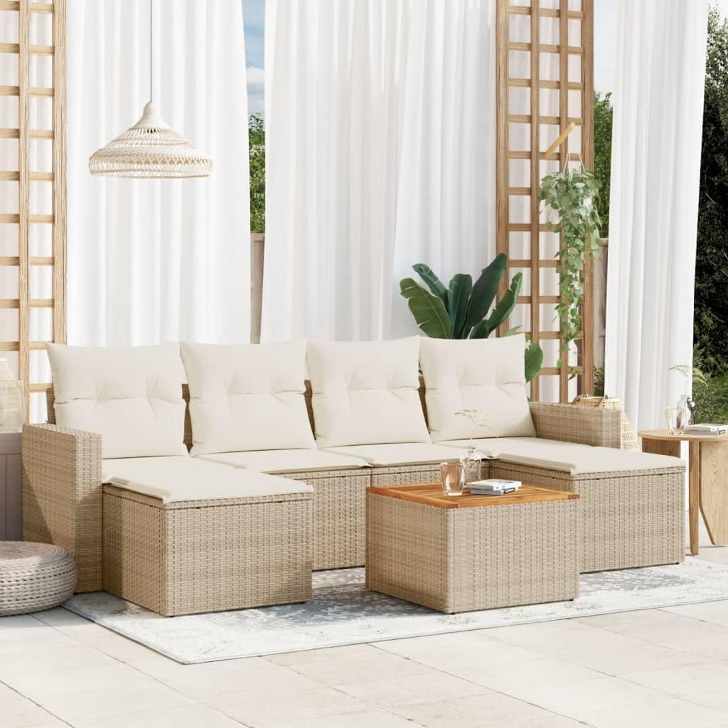 WDGJJFECNMUEHI 7-Piece Garden Sofa Set with Cushions Beige PE Rattan Outdoor Furniture for Patio Terrace Balcony - Weather-Resistant Modular Lounge Set with Acacia Wood Table and Washable Covers
