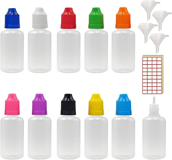 XIAONAN 20 Pack x 30ml LDPE Plastic Liquid Water Squeezable Eye Dropper Empty Bottles (Bottles + Mixed Colour Caps + Tips + Funnel + Label)