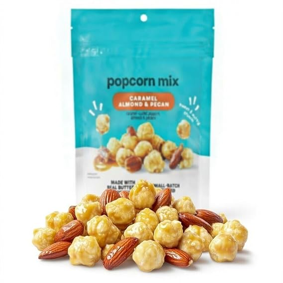 Caramel Almond and Pecan Popcorn Mix, Gluten Free Sweet & Nutty Crunchy Snack Snacking Munch Food, Well Market 7oz Bag