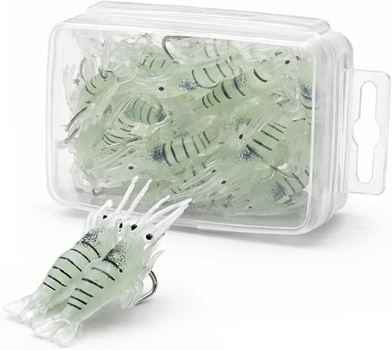 30pcs Pre-Rigged Shrimp Fishing Lures Set, Luminous Soft Artificial Shrimp Baits with Realistic Simulation Design, Fishing Tackle for Bass, Trout, Redfish and Snook, Freshwater and Saltwater Fishing