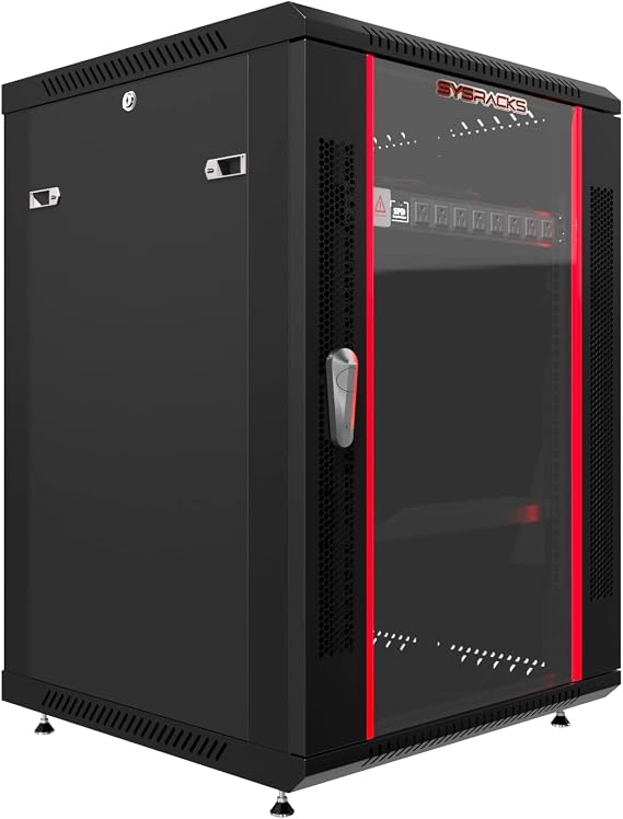 Sysracks 15U Networking Cabinet 18-inch Depth Server Rack Locking Network Enclosure with Fan, Power Strip, Shelves, Feet, Dust-Tight Cable Entries and Other Accessories
